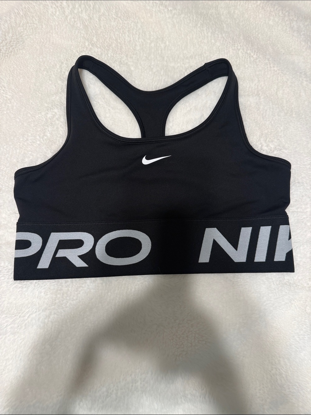 Nike Dri-Fit Black Sports Bra with White Swoosh and Gray Logo Band